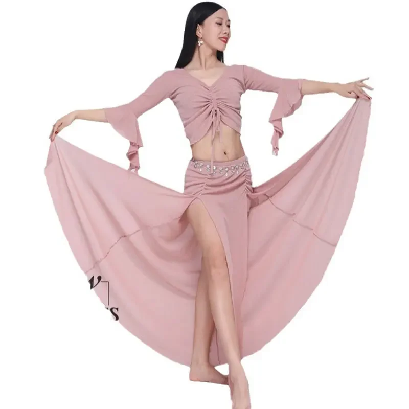 

Women Elegant Bellydance Crop Top Long Skirt Set Belly Dance Practice Yoga Class Lesson Wear Set Clothes Training Outfit