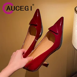 Aucegi Luxury Brand Women Mid Heels Fashion Classic Pointy Toe Pumps Elegant Wedding Patent Leather Party Dress Handmade Shoes