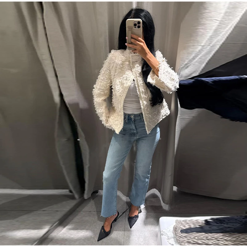 Damenmäntel mit Quasten, Rollkragen, Langarm, Einreihig, Tailliert, Frühlings- und Herbstjacken, Neuer Tweed-Mantel für Damen – Detail 8