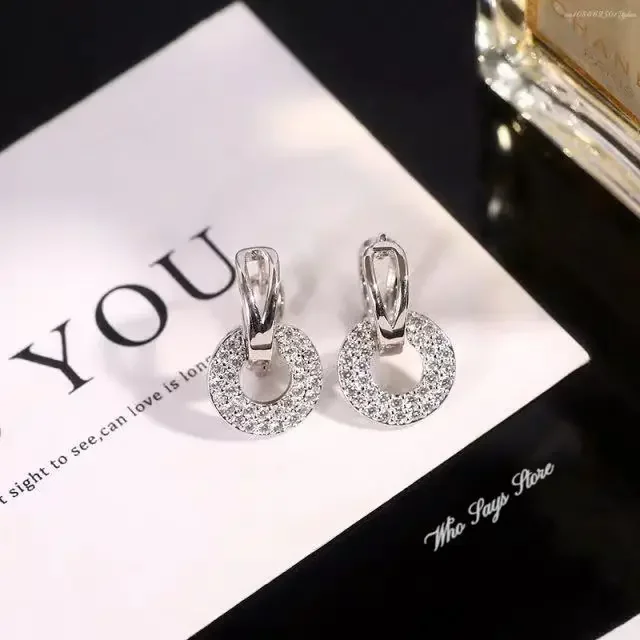 925 Sterling Silver Female Luxury Crystal Round Stud Earrings Vintage Wedding Jewelry White Zircon Stone Earrings Wholesale
