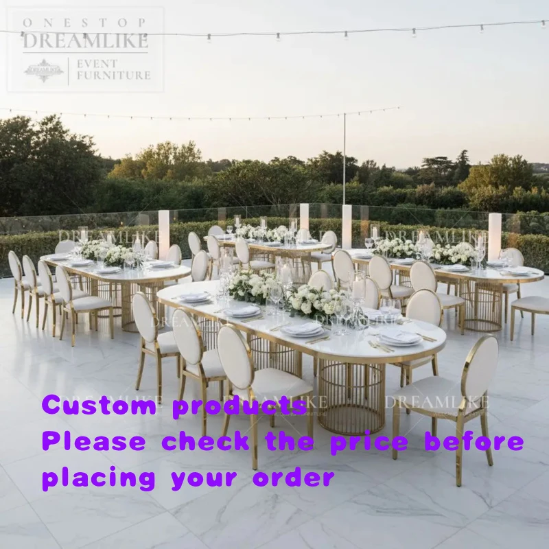 custom.Luxury Long Oval Glass Top Iron Dining Table with Cage Bases Event Rental Factory Direct Bulk Order Supplier