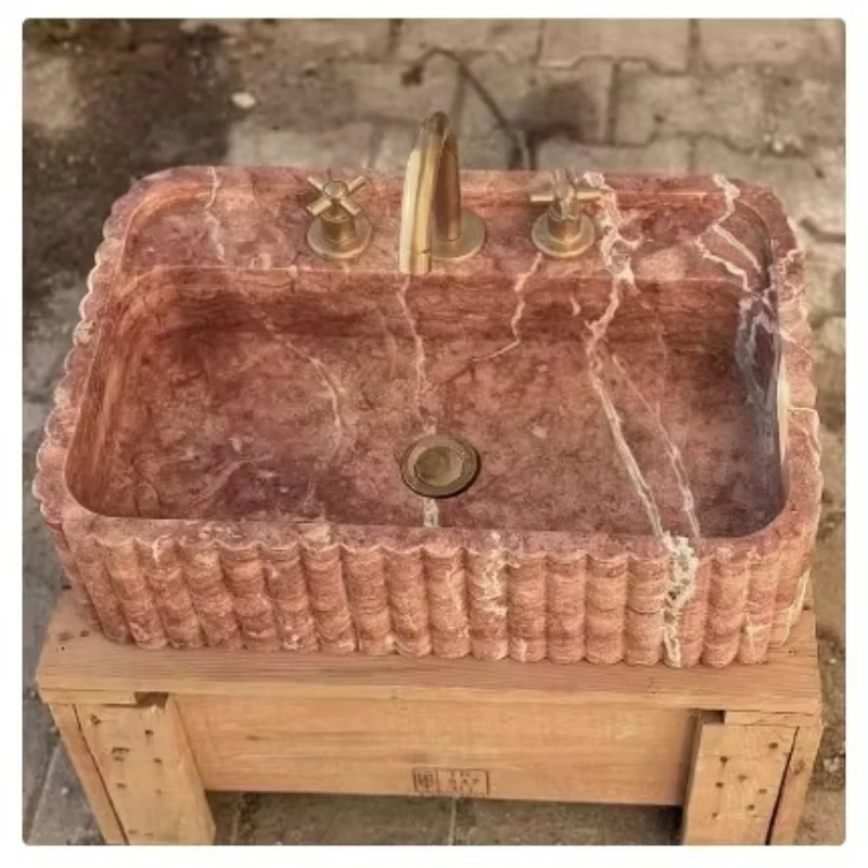 Miniature easy-to-clean lightweight basin whole groove carved rectangular rounded edge red marble bathroom vanity sink