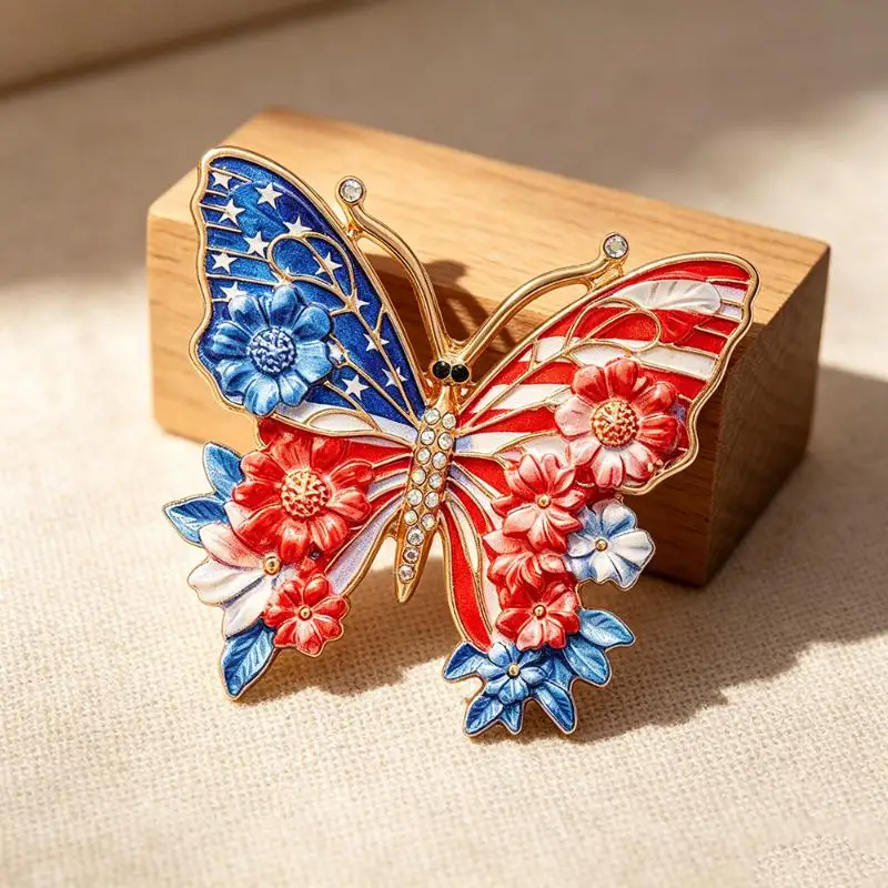American Flag Butterfly Brooches For Women Unisex Enamel USA 250 Independence Day Flower Butterfly Office Party Brooch