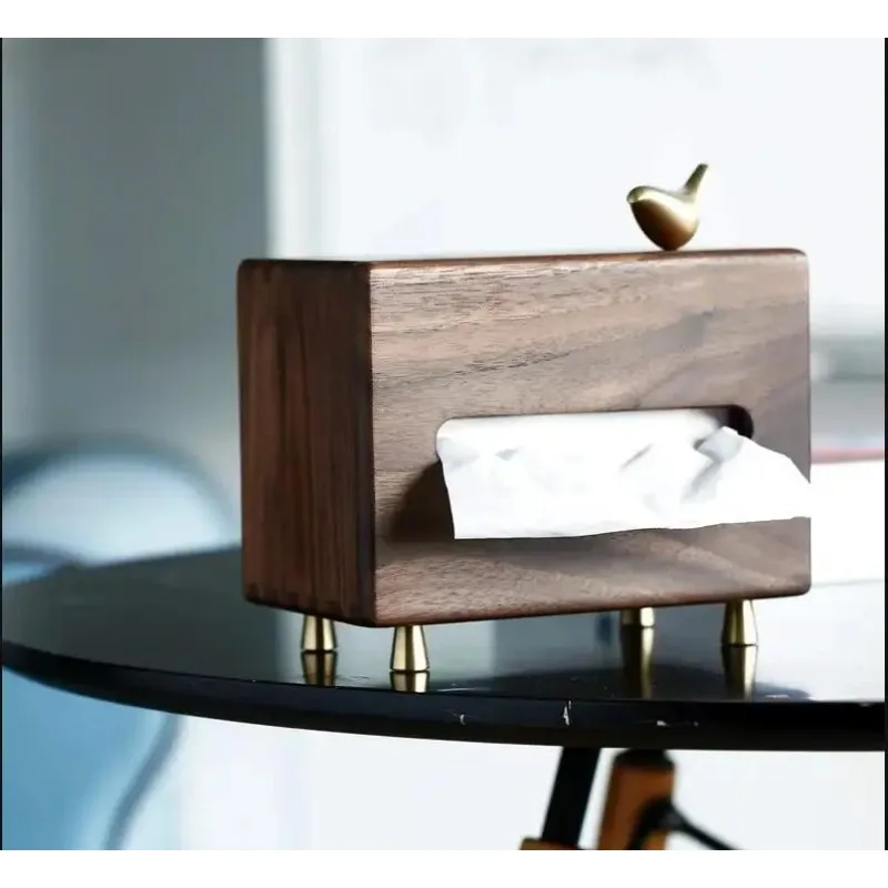 Retro Black Walnut Brass Foot Tissue Box Luxury Living Room Coffee Table Decor Rectangular Pumping Paper Tube