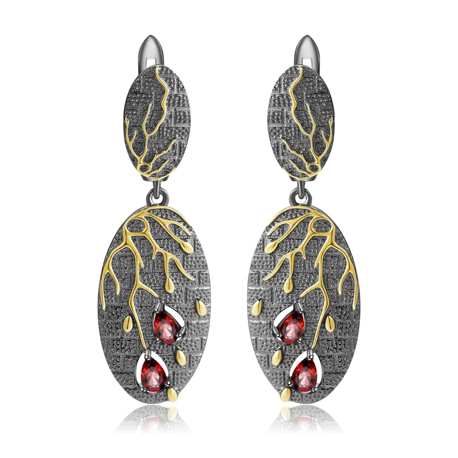 

N Natural Garnet Floral Drop Wholesale Jewelry Gold Plated 925 Sterling Silver Earring for Women