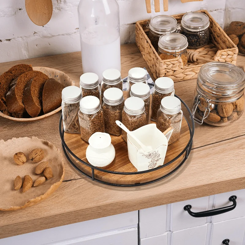 Round Rotating Wooden Tray Anti-Slip Metal Rim Lazy Susan Organizer Multi Purpose Storage Caddy for Cabinet Pantry Dining Table