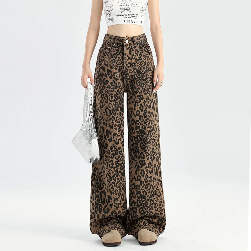 2025 Autumn New American Style High Waist Retro Leopard Print Jeans for Women Straight Loose Wide Leg Floor-Length Pants