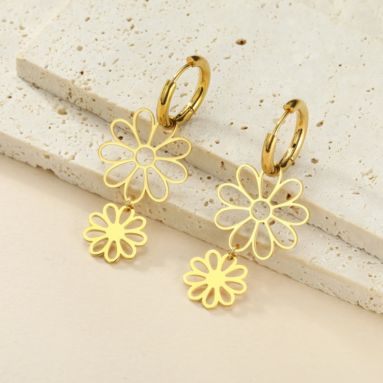 Skyrim Hollow Solid Nine petal Flower Pendant Stainless Steel Earrings For Women\'s Fashion Hoop Bohemian Birthday Gift Jewelry