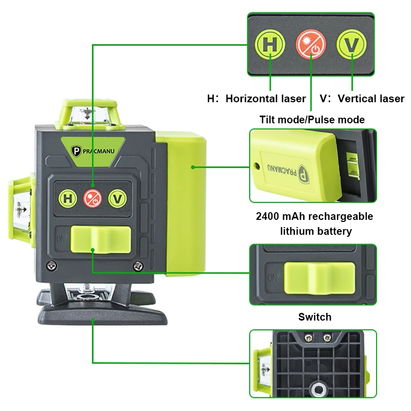 Pracmanu 4D 16 Lines Mini Laser Level 360 Self-Leveling Horizontal and Vertical Cross Green Line Laser Level with Remote Control