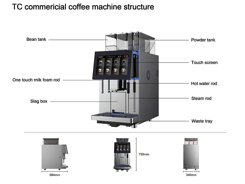 All in One Coffee Maker Customized Drinks Built-in Conical Grinder Commercial Espresso Machine Big Screen