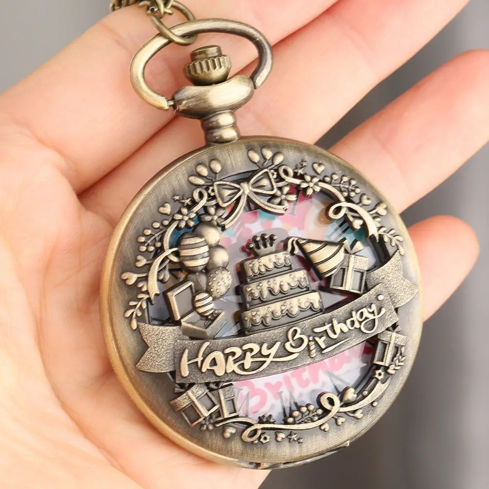 ユニークなハッピーバースデーケーキヴィンテージブロンズスチームパンク懐中時計、アンティークギフトアクセサリー用