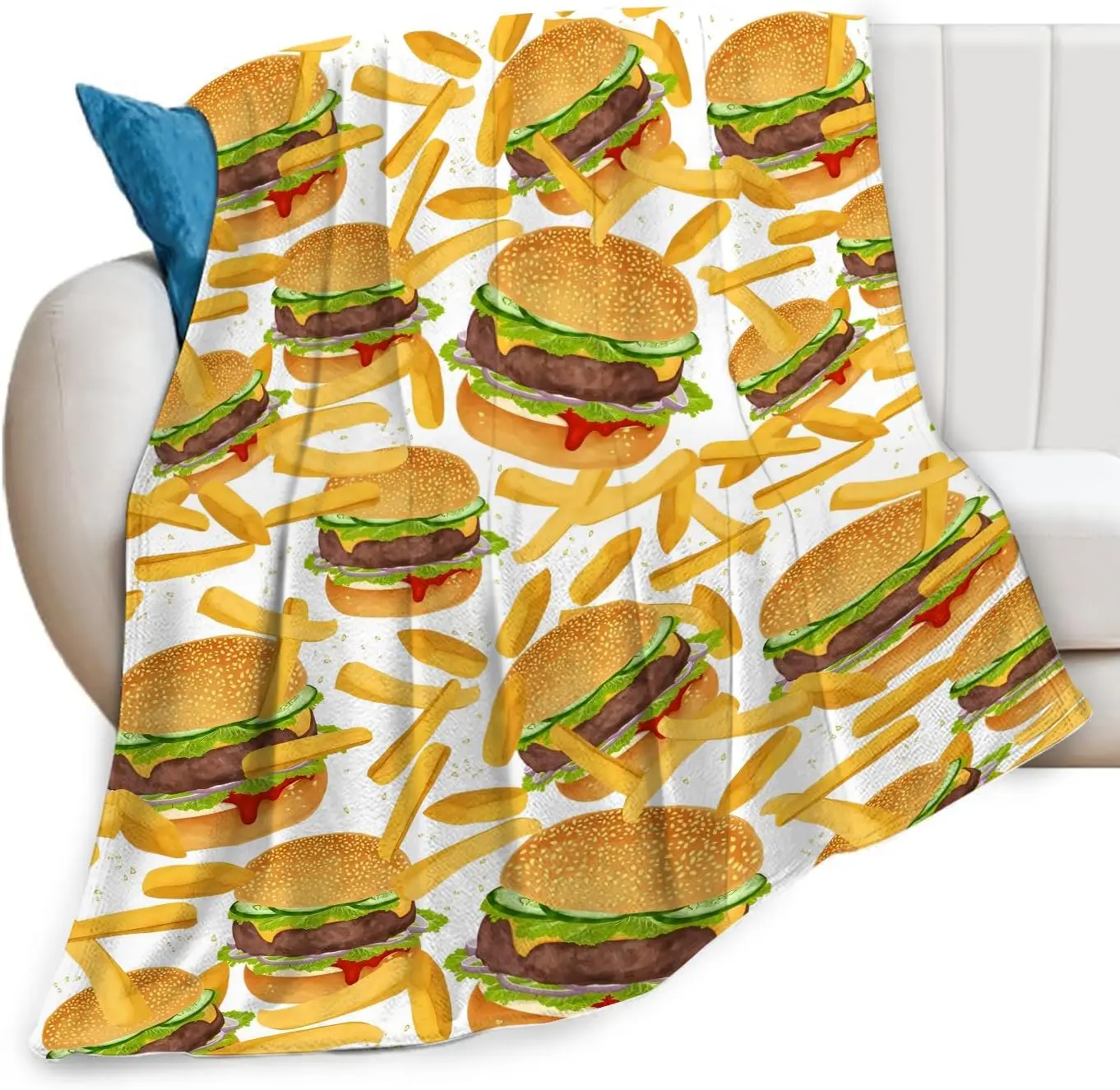 Decorative Burger Fries Print Throw Blanket Cozy Autumn Spring Home Decor Couch Sofa Nap Quilt Gift Idea