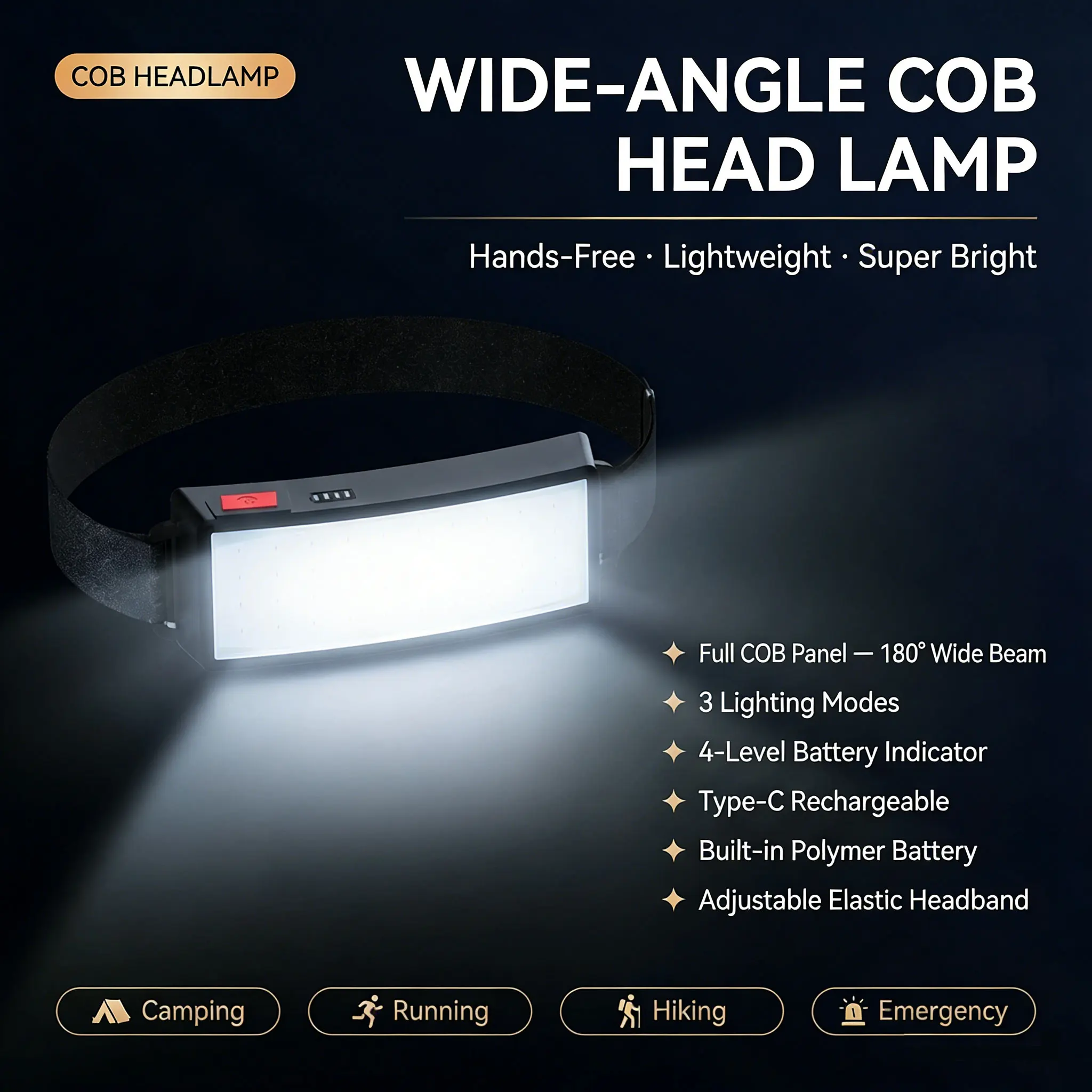 COB 180° Floodlight LED Headlamp FlashlightFlashlight 3 Modes Built-in USB Rechargeable Battery Head Lamp Hiking Camping Lamp