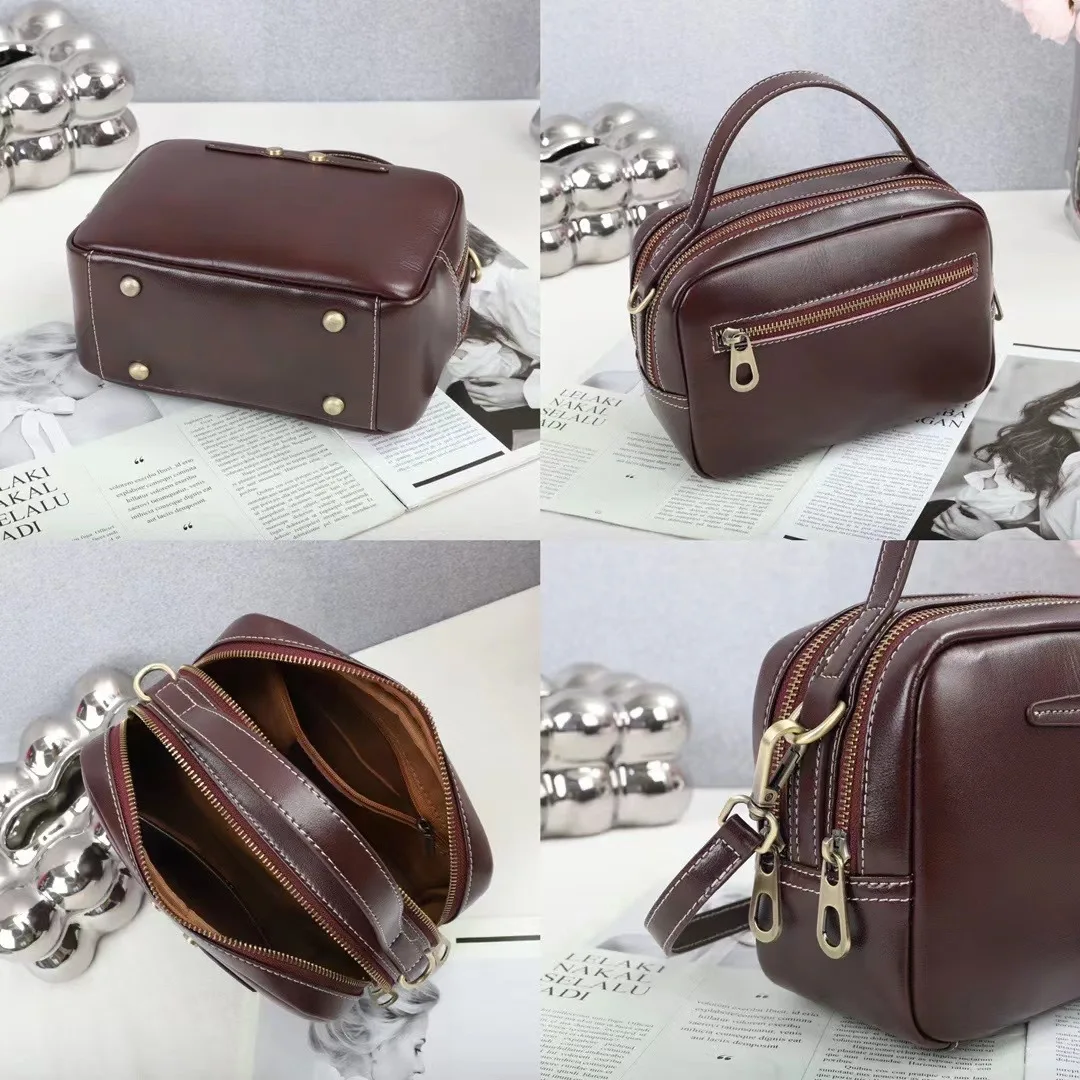 Sac à bandoulière en cuir véritable pour femme, sac à main à double fermeture éclair, poches principales, petit sac carré en cuir de cercle couche supérieure pour femme