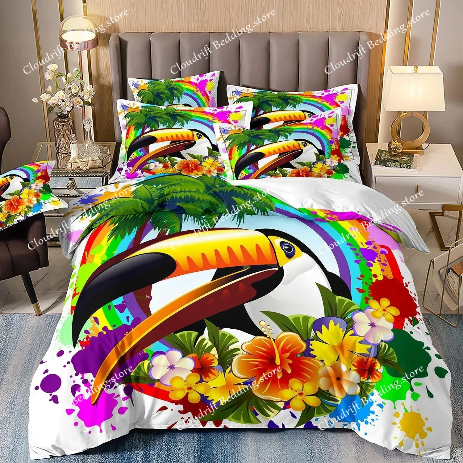 Flamingo Duvet Cover Set Tropical Leaves Comforter Cover Palm Tree Pattern Bedding Set Colorful Polyester Quilt Cover For Kids