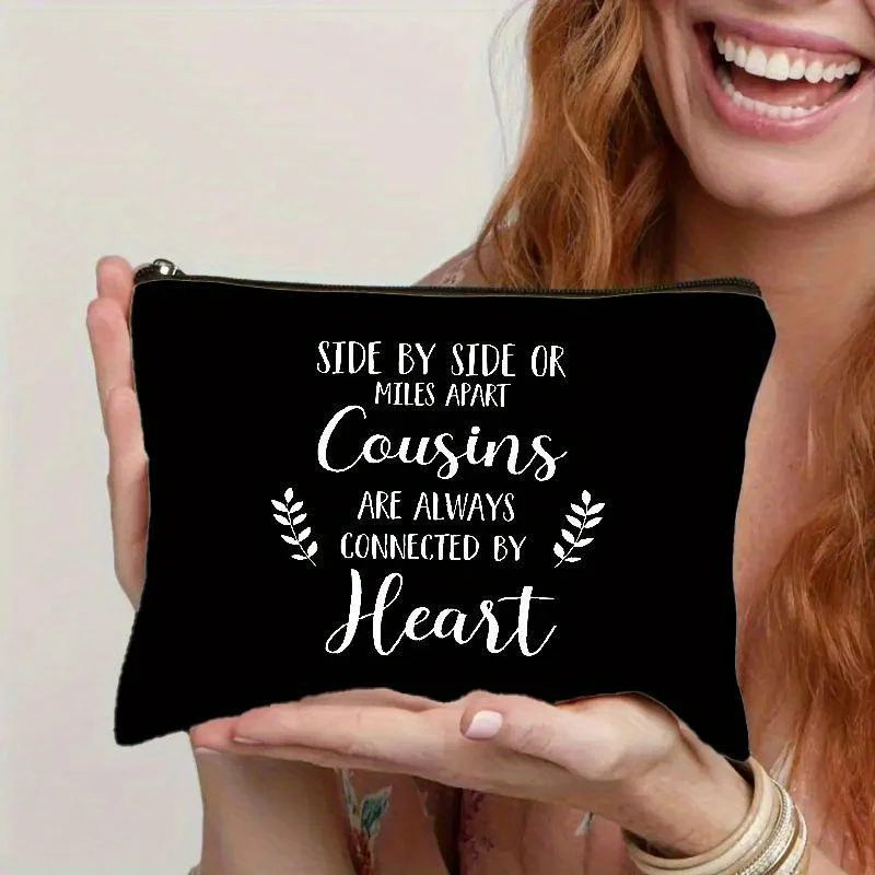 Chic Cousins Letter Print Cosmetic Bag - Lightweight Canvas Makeup & Toiletry Organizer with Zip Closure, Perfect for Travel
