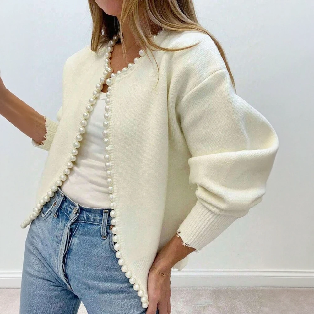 

Women's Chic Long Sleeve Cardigans Elegant Decent Solid Color Beading Open Front Casual Sweaters