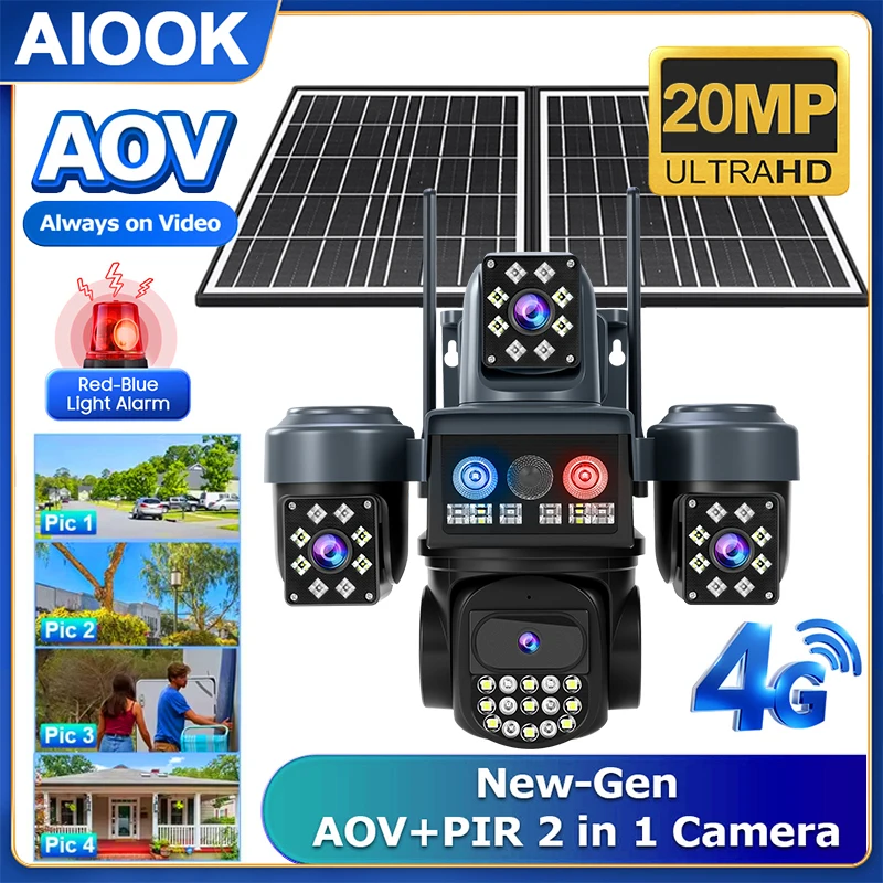 

AIOOK HD 20-мегапиксельная солнечная камера AOV 4G с четырьмя объективами, уличная камера безопасности, мобильная камера слежения, ночного видения, водонепроницаемая видеокамера
