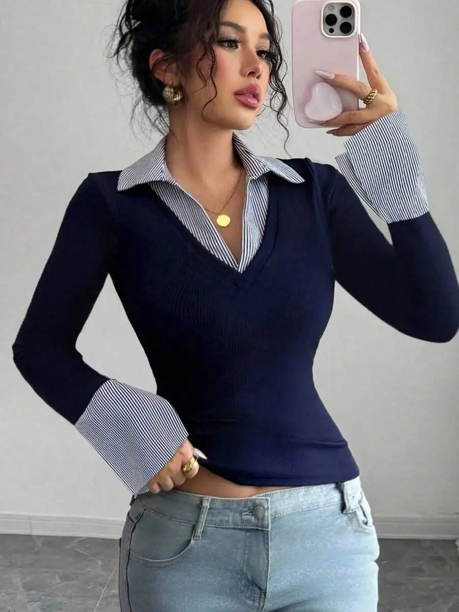 

Navy Blue Ribbed Knit V-Neck Top with Striped Collar and Cuffs