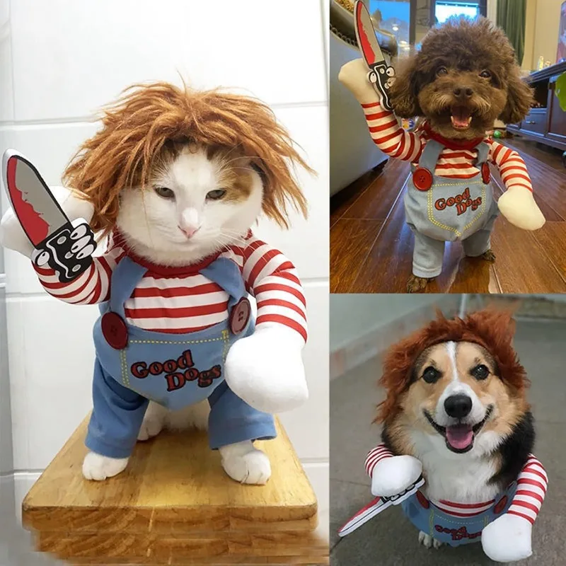 

Pet Deadly Doll Dog Costume Cosplay Halloween Christmas Funny Clothes for Dogs Cute Jumpsuit with Wig Full Set Role Play Outfit