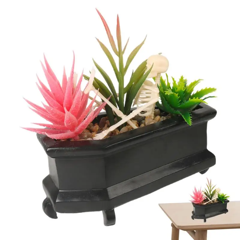 Skull Fake Plant Coffin Artificial Succulents In Pots Skeleton In The Coffin Desktop Props For Home Table Bedroom Small Flower