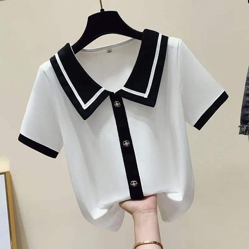 Women's 2024 Summer Pullover Doll Neck New Patchwork Button Striped Ice Silk Short Sleeved Loose and Slimming Casual Knitted Top