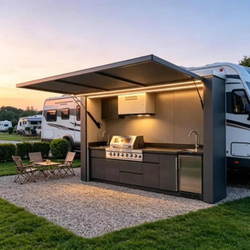 Luxury Customized One-Stop Outdoor BBQ Kitchen with Refrigerator Sink Storage Cabinet and Retractable Door House