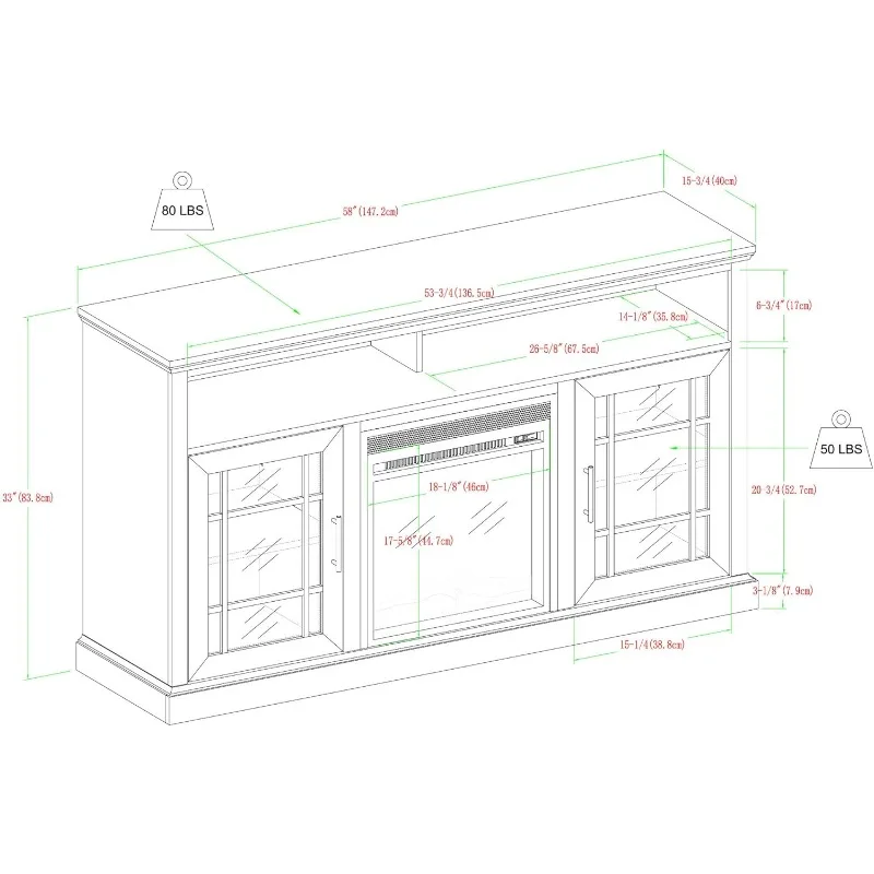 Classic 2 Glass Door Fireplace Stand for TVs up to 65 Inches, 58