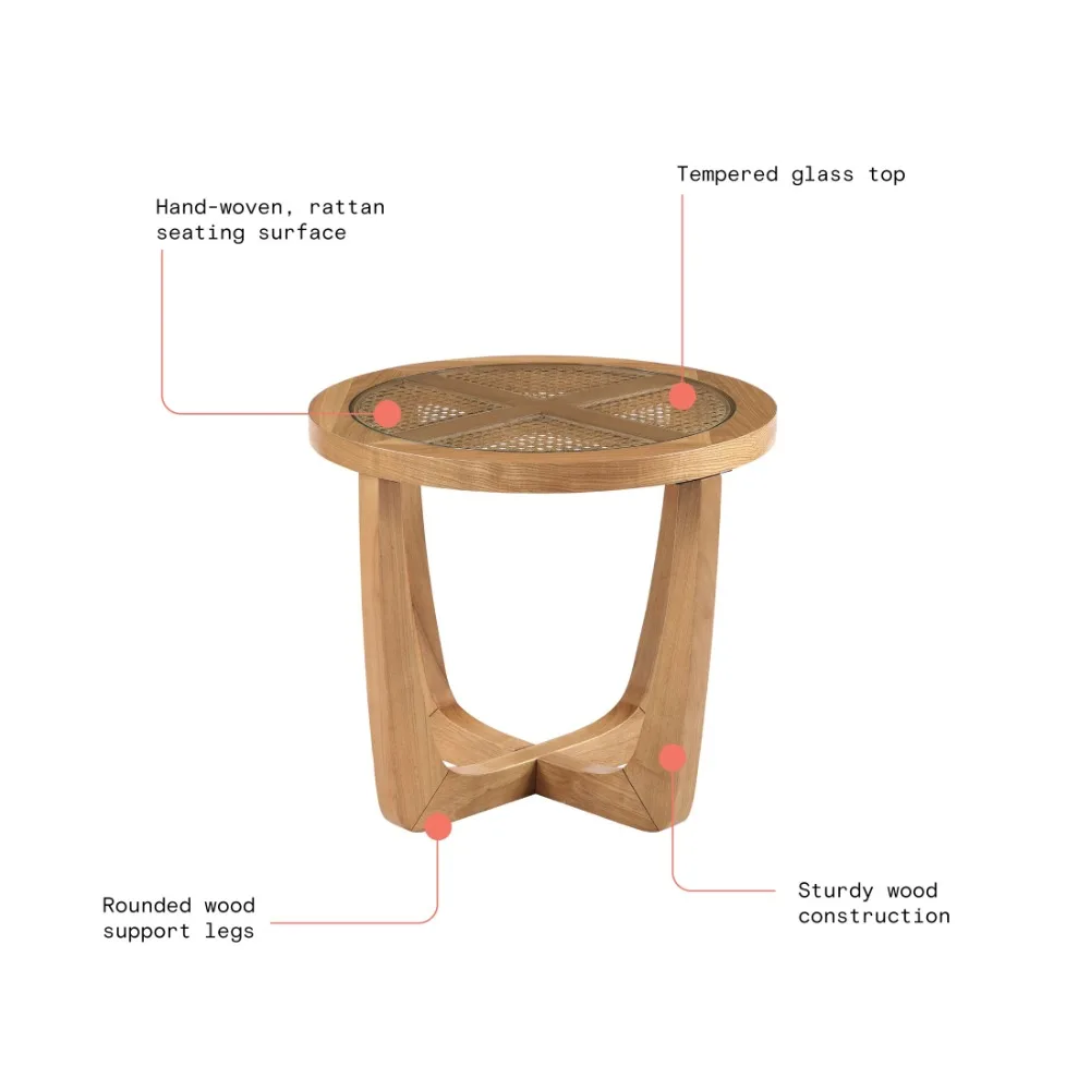 2024 New Beautiful Rattan & Glass Side Table with Solid Wood Frame, Warm Honey Finish