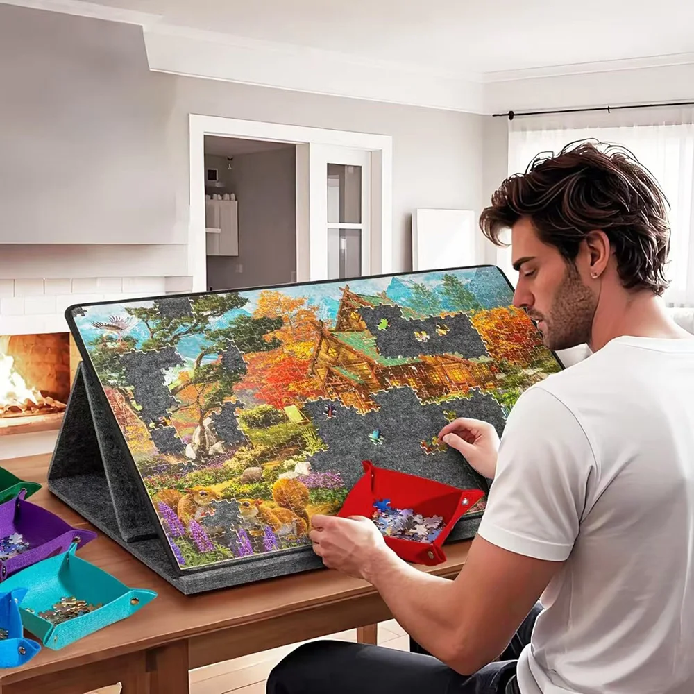 1000 Pieces Jigsaw Puzzle Table Board with Bracket Cover 6-category Tray Folding Portable Vertical Jigsaw Puzzle Pad Felt