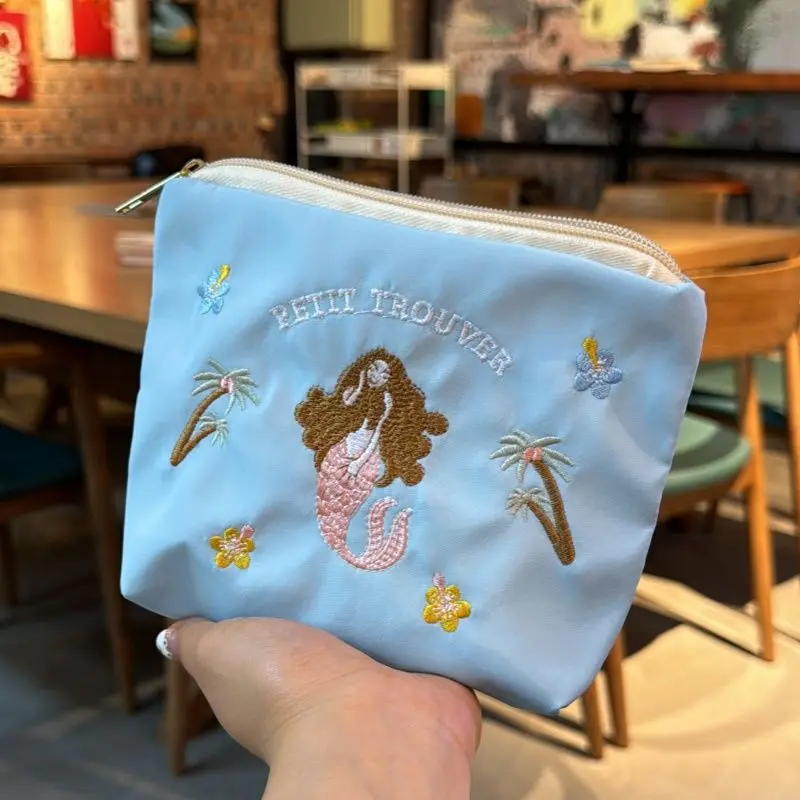 Vintage Embroidered Mermaid Makeup Bag Cute Portable Paper Napkin Handbag Pen Korean Stationery Pencil  Stationery Girl