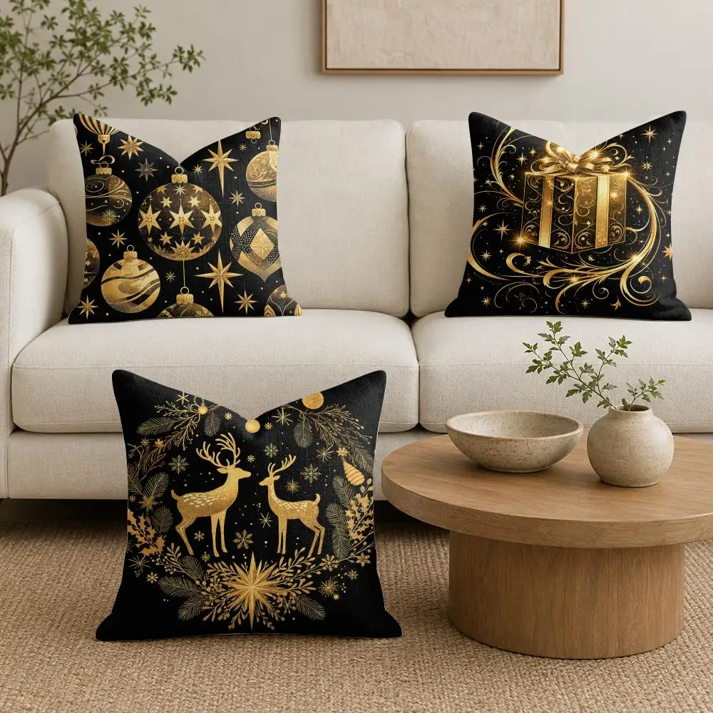 Golden Xmas Ornament Cushion Cover Natural Linen Organic Fabric Double-Sided Printing Sofa Home Decor Gift Pillow Cover