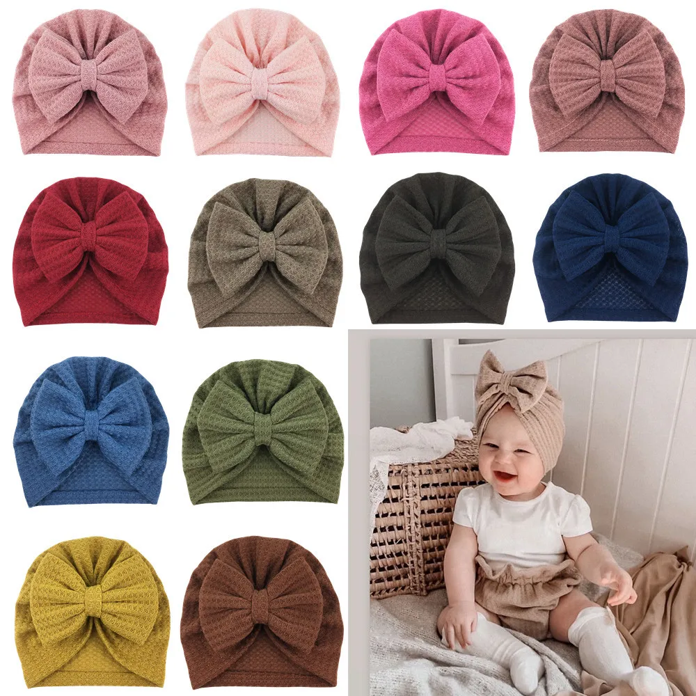 

50 Pcs Wholesale Hot Selling Baby New Woolen Knitted Pullover Hat European And American Children's Waffle Bow Beanie Direct Sal
