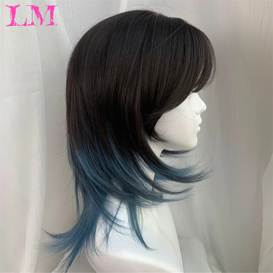 LM Short Mullet Head Wigs with Bangs Synthetic Straight Anime Men Black Gray Green Hair Wig for Daily Party Cosplay