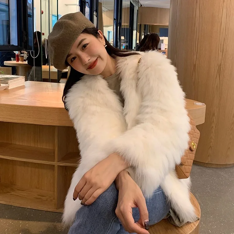 Winter New Fur Coat Imitation Fox Fur V-neck Short Jacket Women 2023 Korean Fashion Elegant Luxury Party Be All-match Outerwears