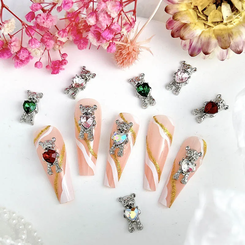 10 قطعة لطيف الدب مسمار السحر ثلاثية الأبعاد سبيكة عقد القلب الماس الكرتون تيدي بير مسمار الفن زينة DIY بها بنفسك مسمار الملحقات الحرف #6