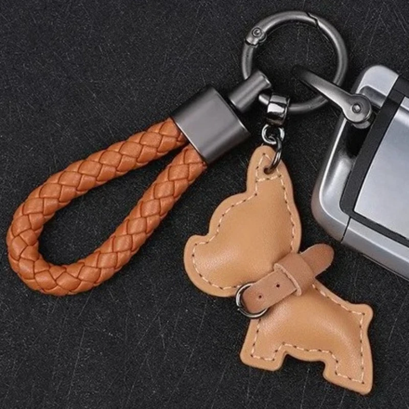 Custom Name Number Cute Dog Car Keychain Laser Personalized Logo Leather Key Chain Ring Cartoon Puppy Braid Rope Keyring Pendant