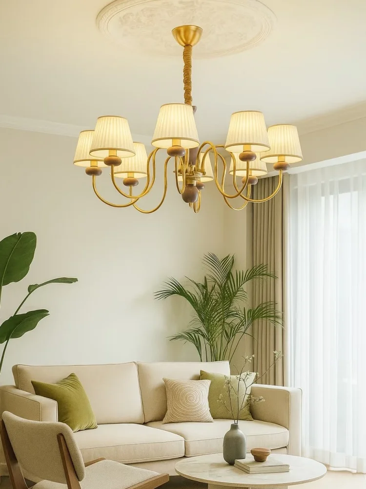 French Style Rural Multi Head Pendant Light Fabric Lampshade Bedroom Ktchen Dining Room Hu wood LED Solid Wood Home Light