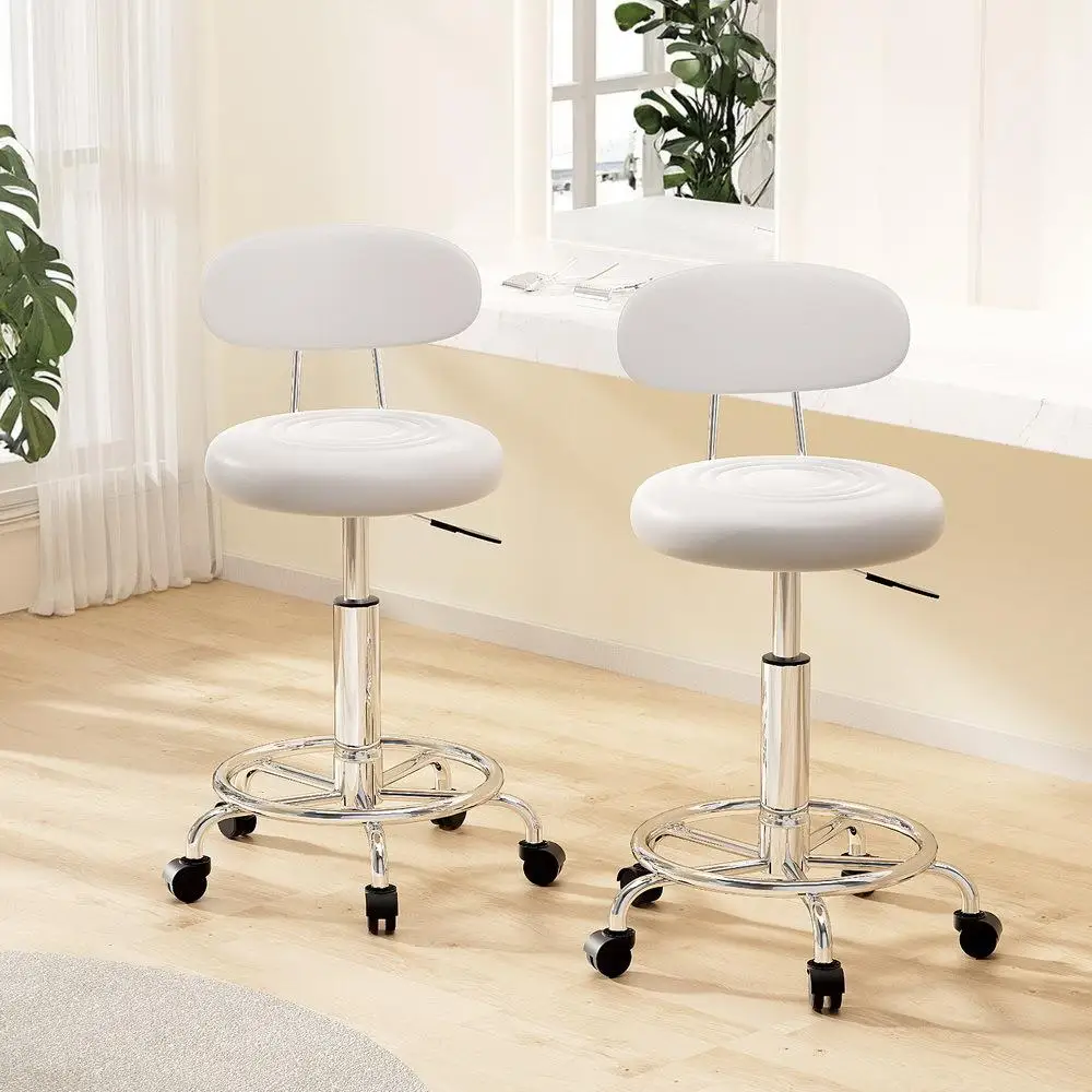 &2 Pack Modern Salon Stool Swivel Chair with Backrest White Height Adjustable Rolling Stool for Beauty Spa Tattoo and Home Use