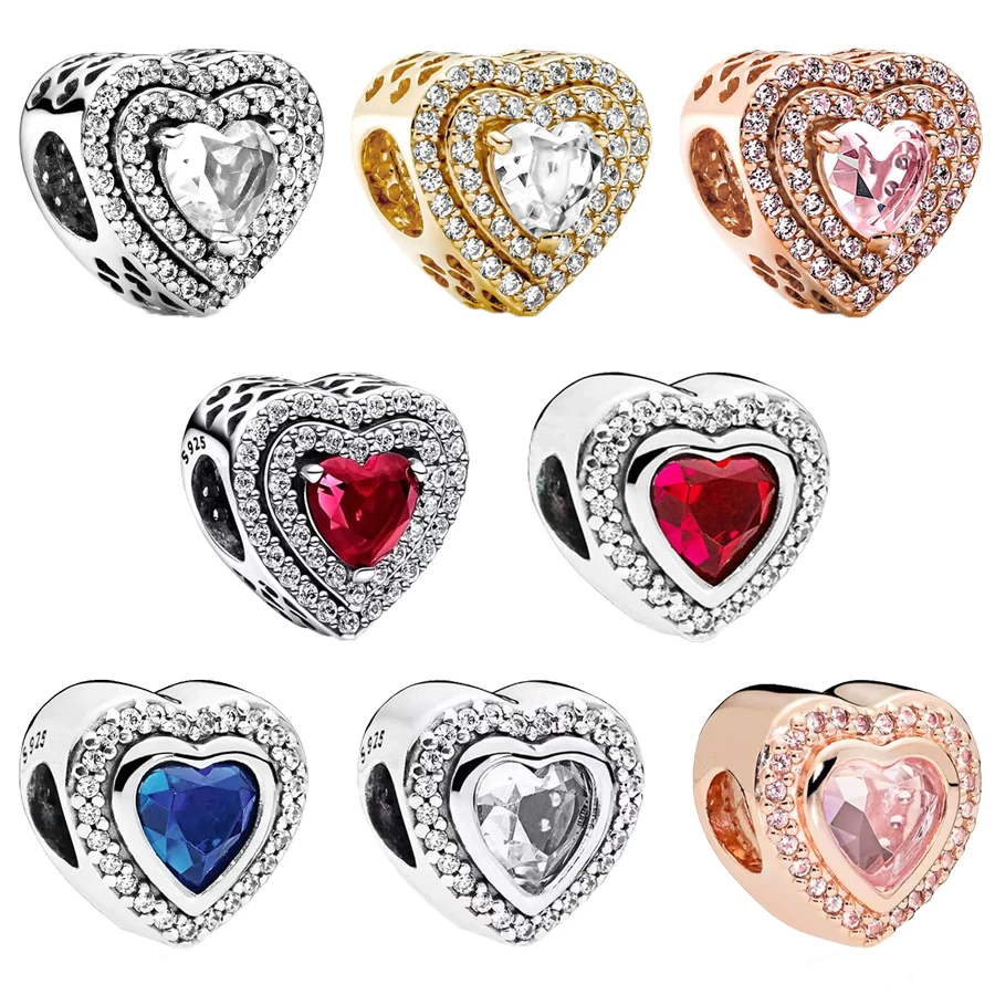 Hot Sparkling Heart Shape Charm Color Zirconia Beads Women DIY Fashion Jewelry Fit Original 925 Sterling Silver Bracelet