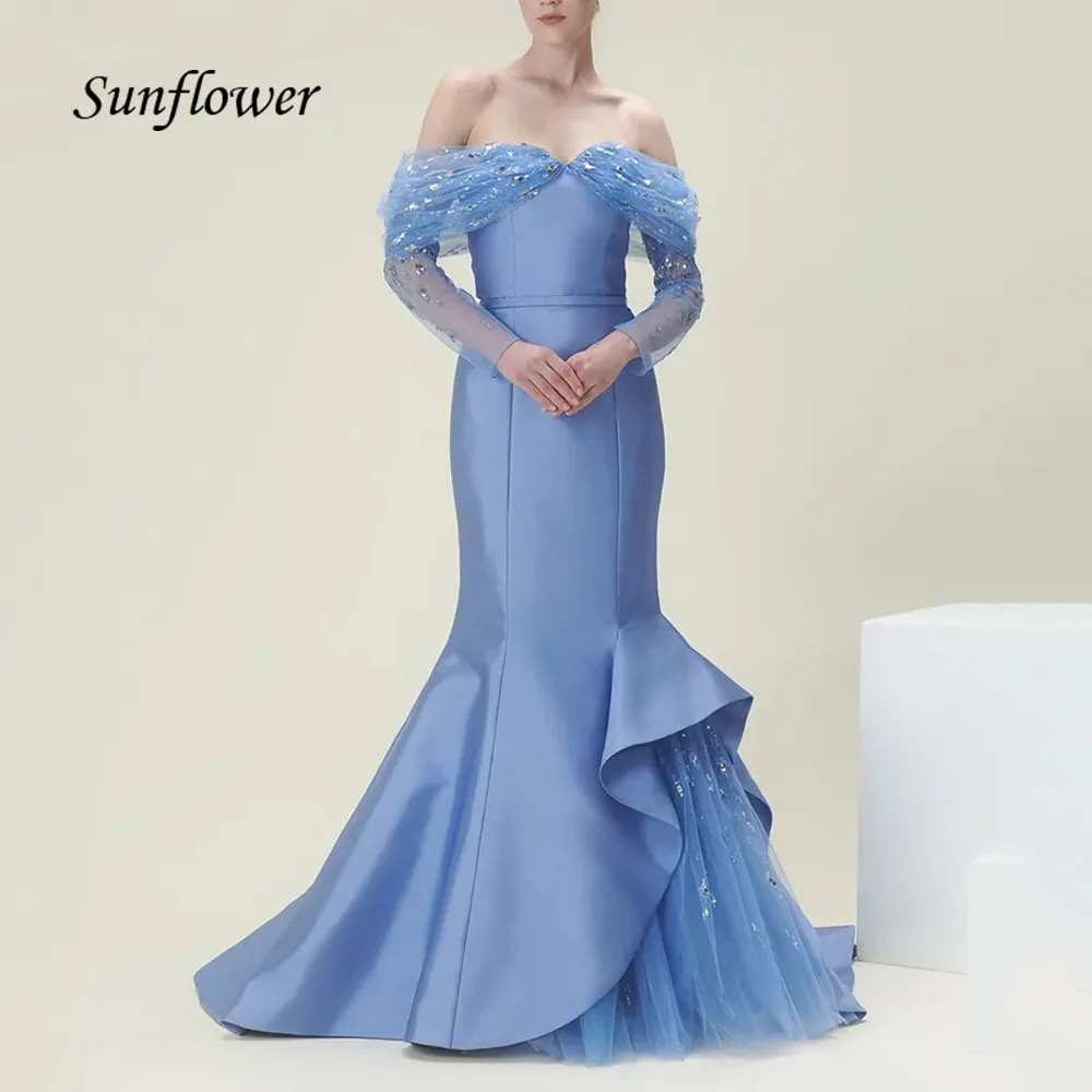 

Sunflower Blue Off the Shoulder Satin Mermaid Formal Evening Dress Slim Backless Floor-Length Prom Dressفساتين السهرة