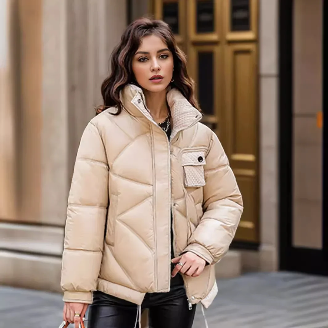 2025 女性の新しい冬のジャケット女性の皮質光沢のある表面スタンドカラー暖かい綿のジャケットコート女性の厚みのパーカートップス