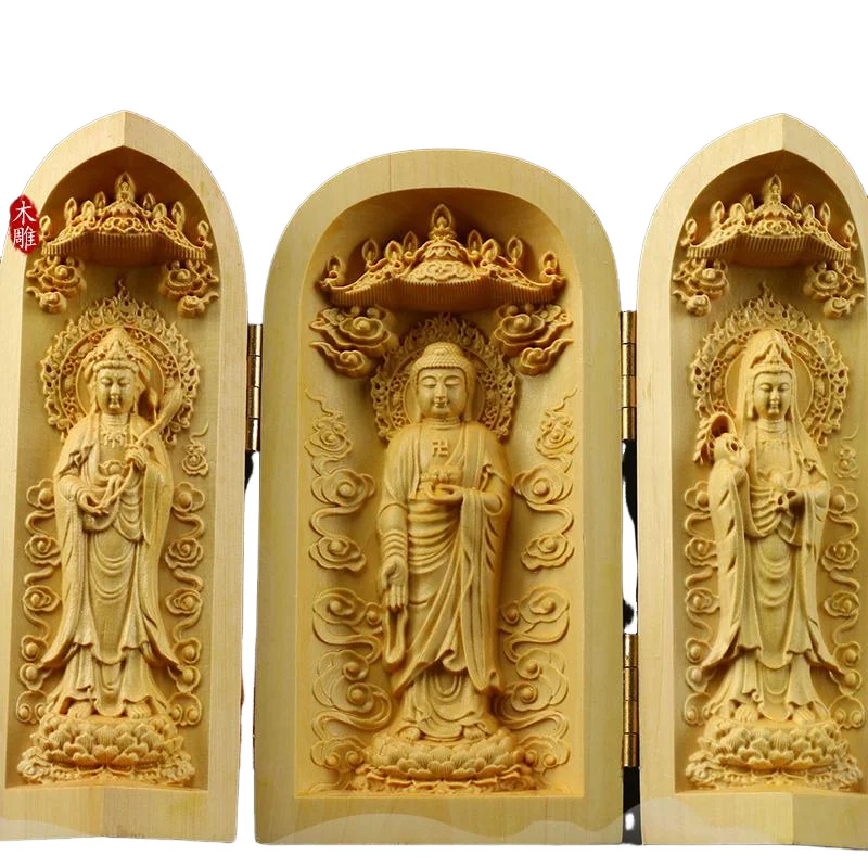 Boxwood Carved Three Saints Folding Statue Portable Wooden Buddha Guanyin Figure Desktop Decor Gift