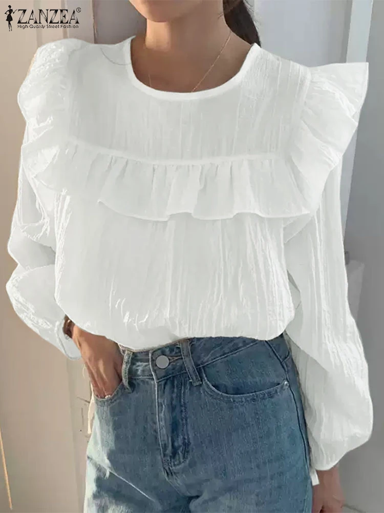 2025 ZANZEA Elegant Ruffles Hem Blouses Spring Women Tops Tunic Long Sleeve Fashion Work Shirt Casual Lace Up Party Blusas Mujer