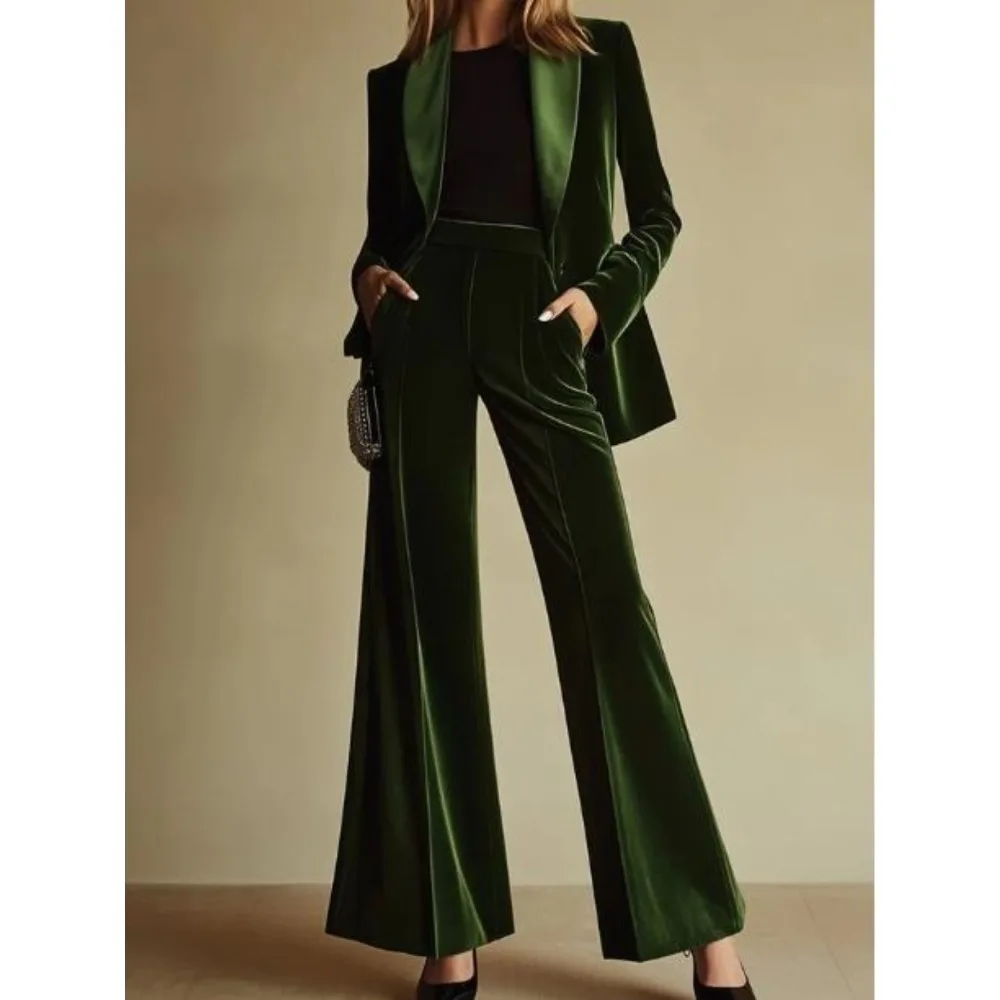 Elegant women's dark green velvet suit with wide-leg pants two-piece set, featuring luxurious texture, a figure-flattering and s