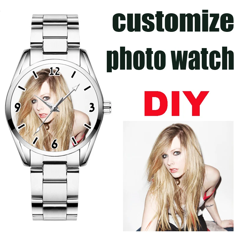Reloj con foto personalizada para mujer, relojes con impresión de logotipo creativo, reloj de pulsera de cuarzo personalizado de acero inoxidable