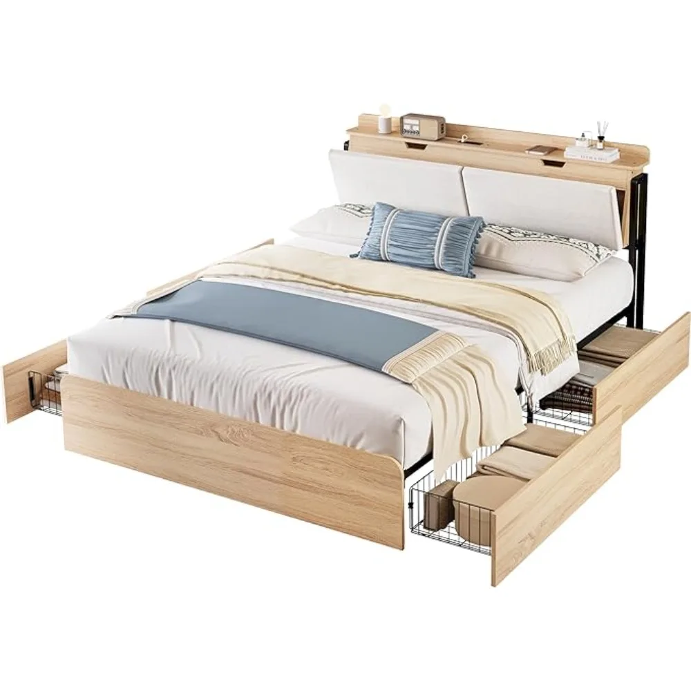 Queen Bed Frames with Hidden Storage Headboard, Camas Queen with Charging Station and 4 Drawers, Sturdy and Noiseless