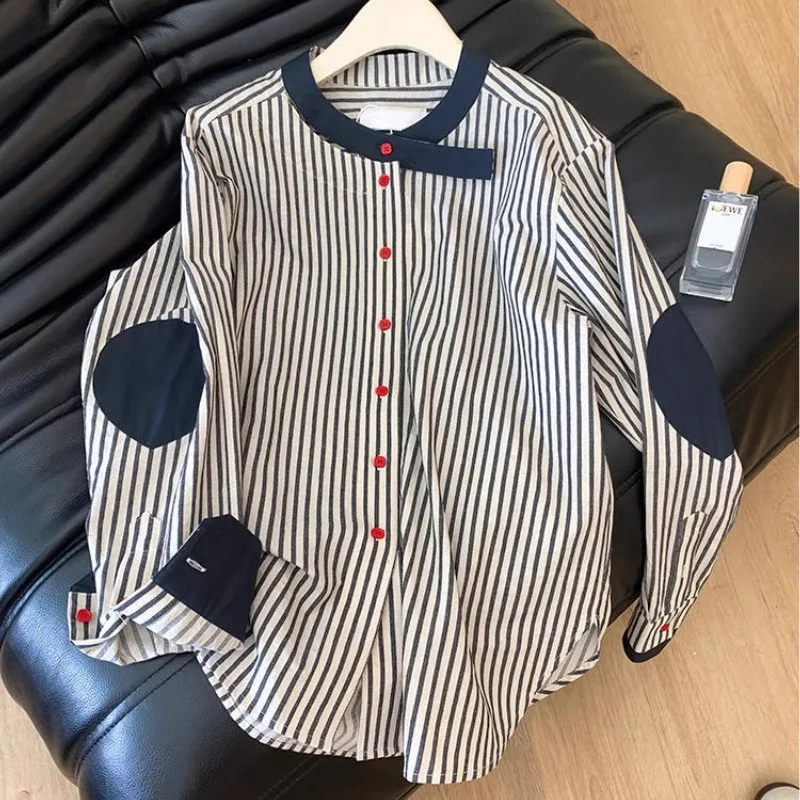 

Мужская повседневная рубашка большого размера с длинным рукавом, в полоску, с круглым вырезом, в стиле Гонконг, для осени и весны