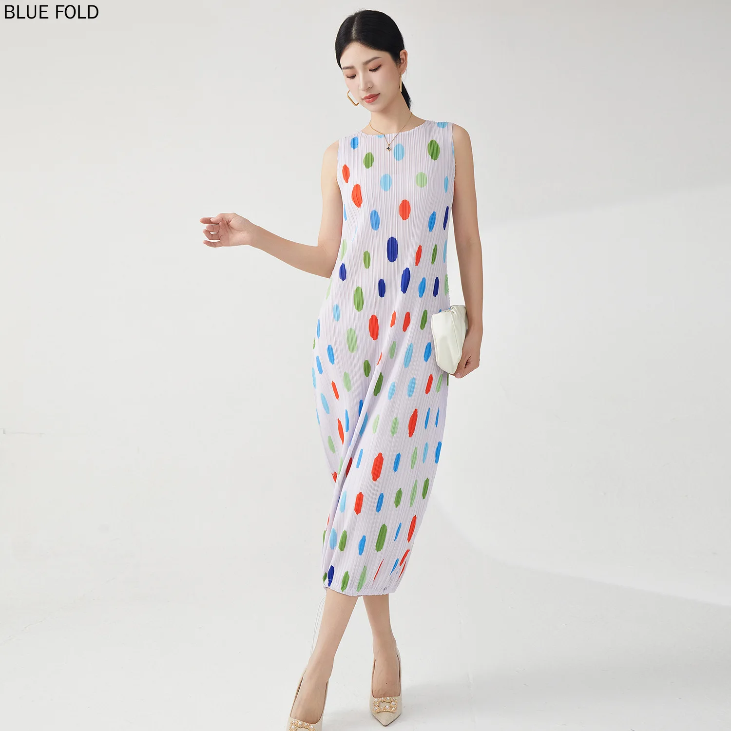 French Dress High-end New Polka Dot Loose Dress Drawstring Temperament Versatile Miyake Dress Elegant Vestido High Quality