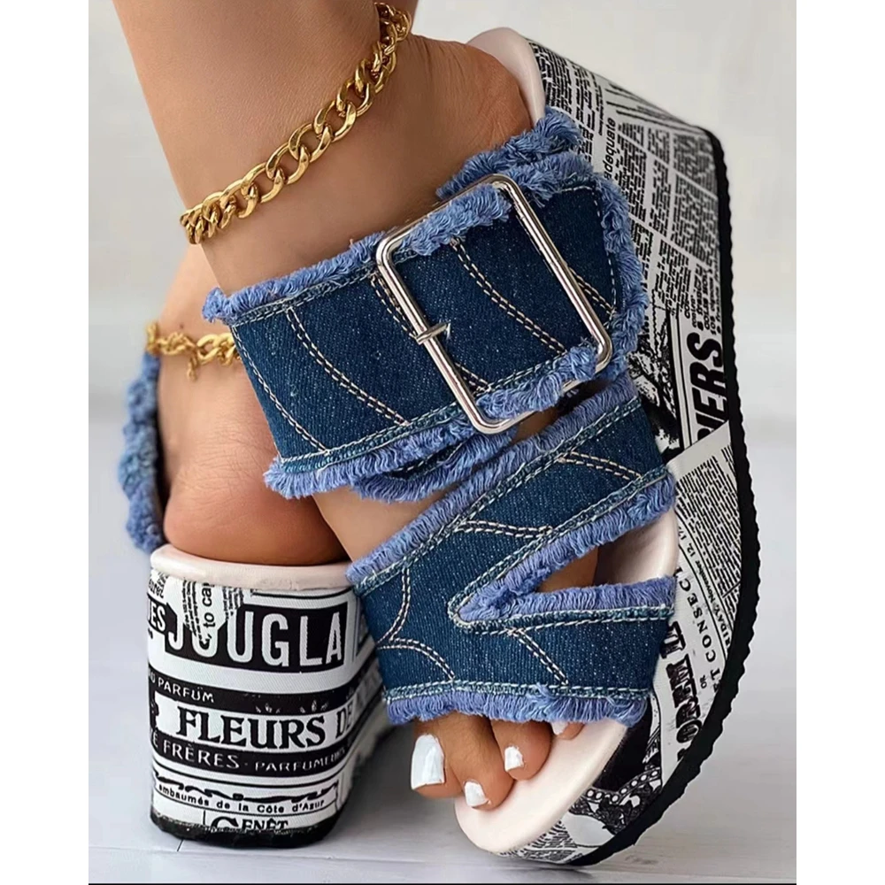 Women Newspaper Print Platform Buckled Denim Slippers Casual Wedge Shoes Going Out Blue Outdoor Summer Slippers for Woman